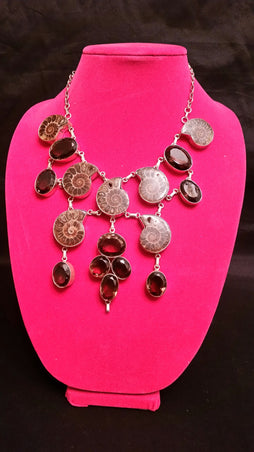 Smoky Quartz and Ammonite Necklace -- Sterling Silver